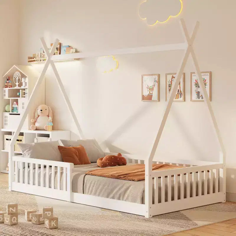Lit de sol pour enfants, lits cabane doubles, lit de sol Montessori avec lattes et barrières de protection, cadre de lit cabane en bois pour garçons et filles