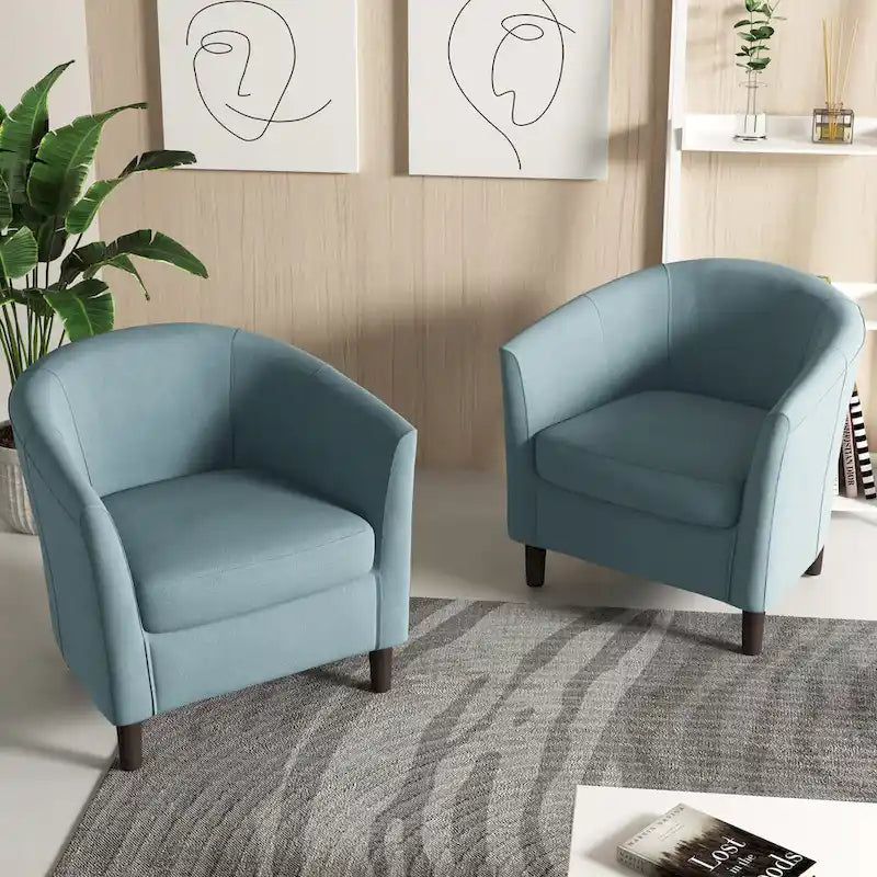 2 Set Modern Linen Barrel Accent Chairs Club Armchair
