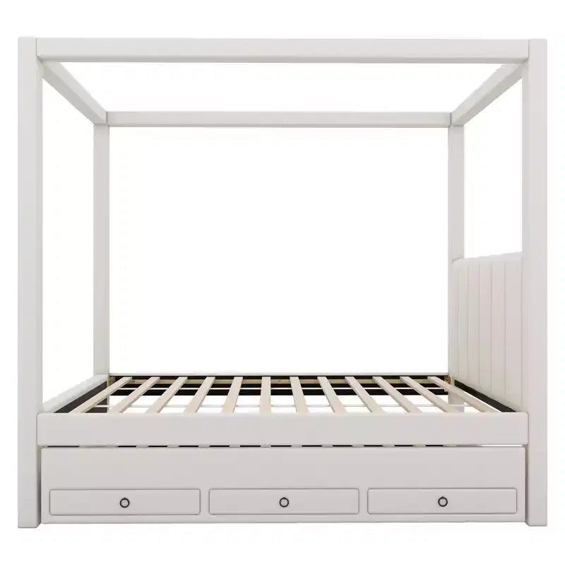 Full Size Linen Upholstery Canopy Platform Bed with Trundle and Three Storage Drawers