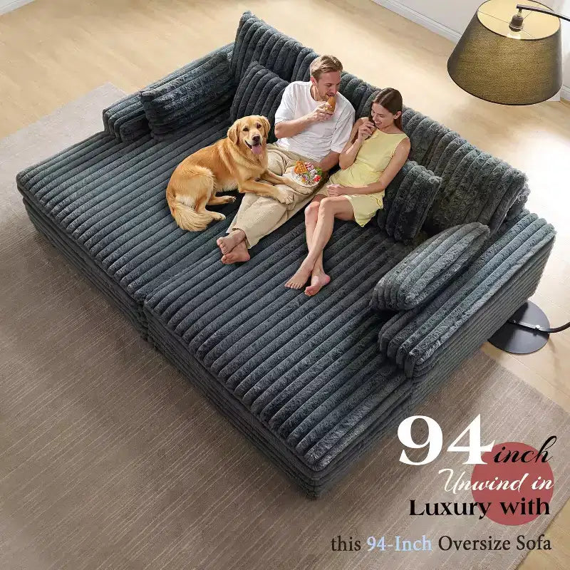 AMERLIFE 93 Double Chaise Lounge Sofa for Two, Deep Seat Cloud Couch with Lumbar Pillows & Wide Armrests, Easy Assembly, Faux Fur