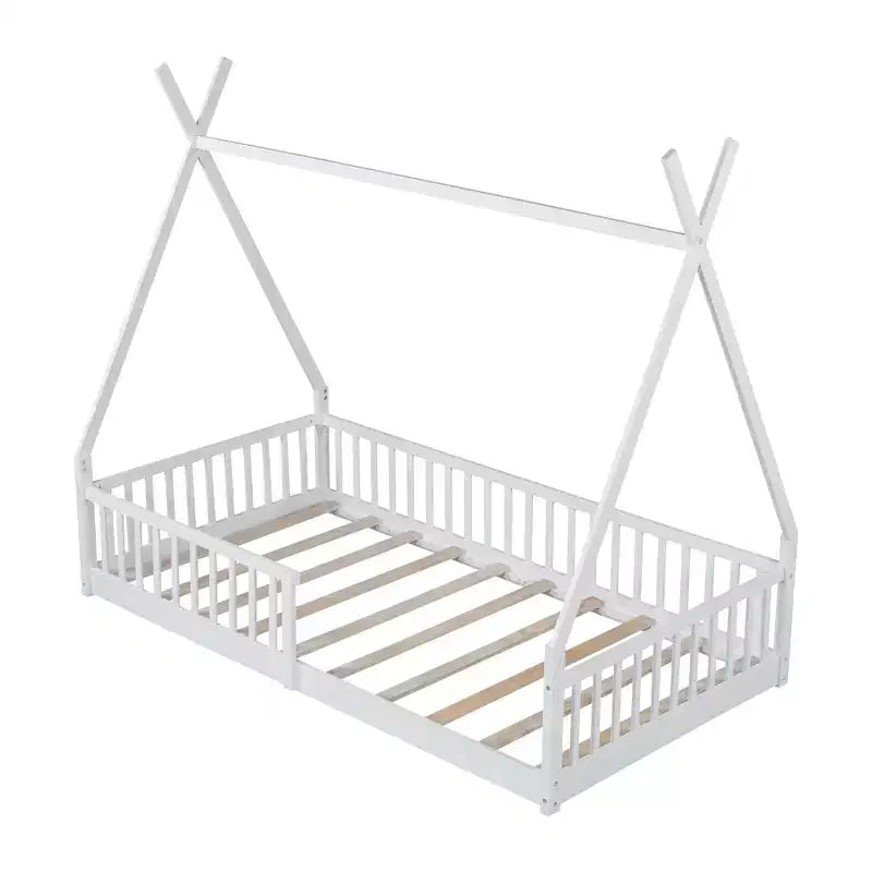 Floor Bed for Kids, Twin Size Tent Beds, Montessori Floor Bed with Slats and Fence Rails, Wood House Bed Frame for Boys Girls
