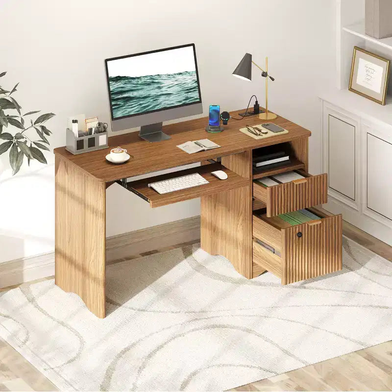 Bestier 55 Smart Computer Desk, Oak Writing Desk with File Drawers and Power Outlet, Executive Office Desk with Open Storage and Keyboard Tray