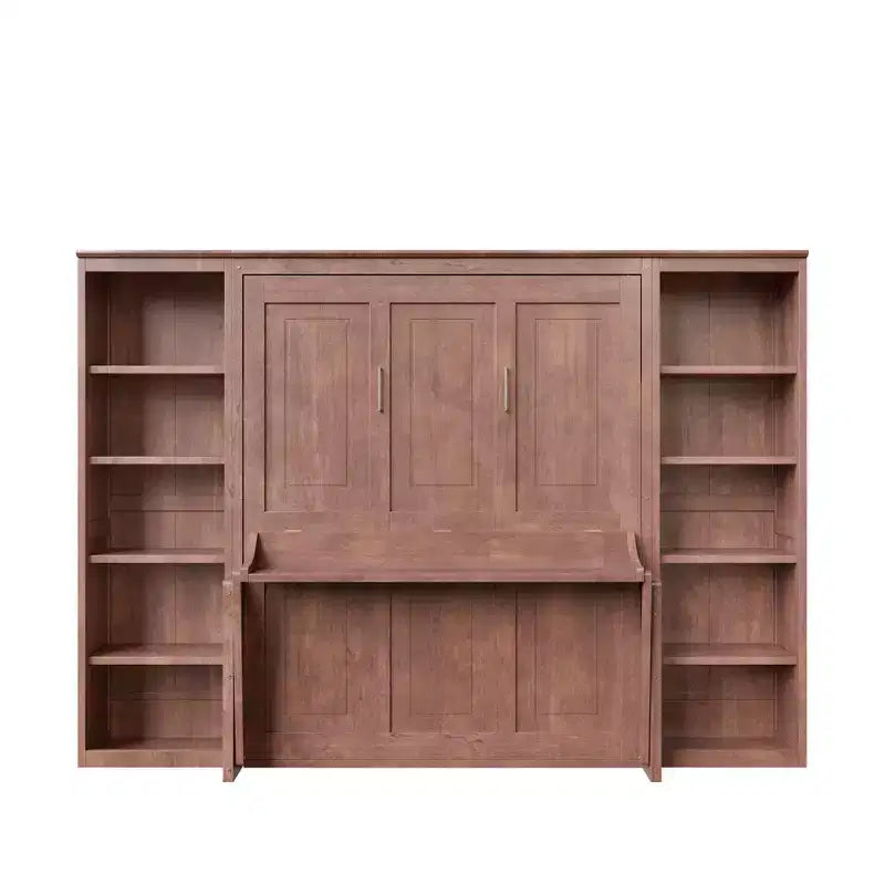Full/Queen Size Murphy Bed Space-Saving Wall Bed with Desk and Bookshelf, Dark Brown - ModernLuxe