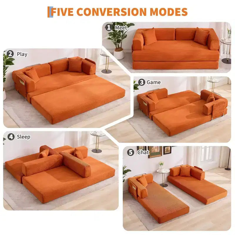 Sleeper Sofa Bed, 78.8 5-in-1 Folding Mattress Couch/Loveseat, Fixed-Shape Steel Frame, Corduroy with Pillows