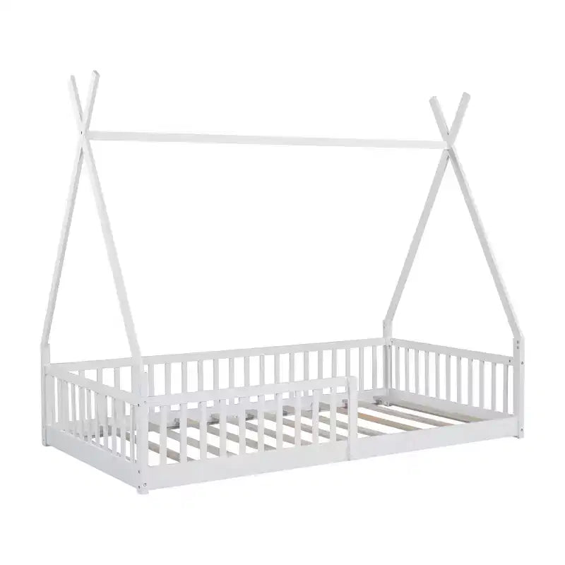 Floor Bed for Kids, Twin Size Tent Beds, Montessori Floor Bed with Slats and Fence Rails, Wood House Bed Frame for Boys Girls