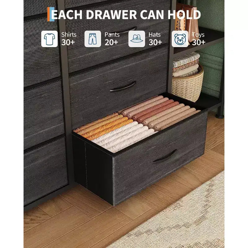 Dresser with 16 Drawers & Hanging Rod & Shelves, Fabric Storage Organizer for Bedroom, Closet, or Entryway