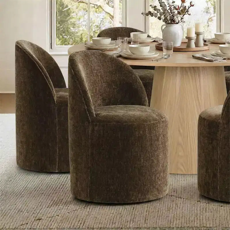 Modern Dining Table Set For 6, Round Pedestal Dining Table, Swivel Rolling Barrel Chairs With Wheels, Textured Chenille- Panipeachy