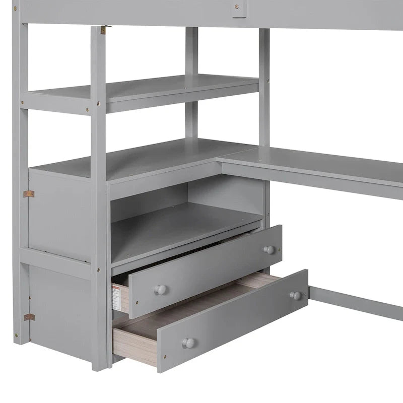 Twin Size Loft Bed with Desk and Shelves, Two Built-in Drawers, Storage Staircase