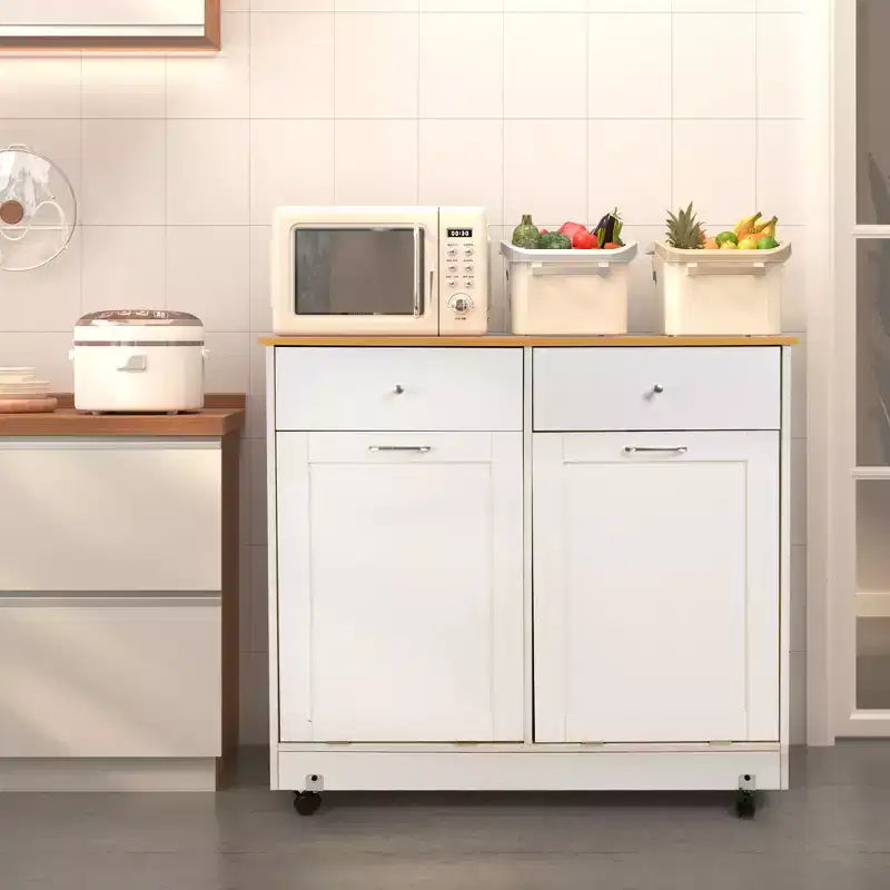 EROMMY Double Tilt Trash Cabinet with 2 Drawers, Trash Cabinet with Storage on Wheels,white
