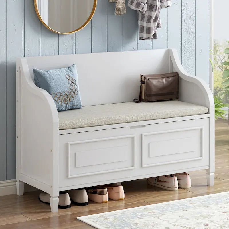 Rustic Solid Wood Entryway Storage Bench with Safety Hinge