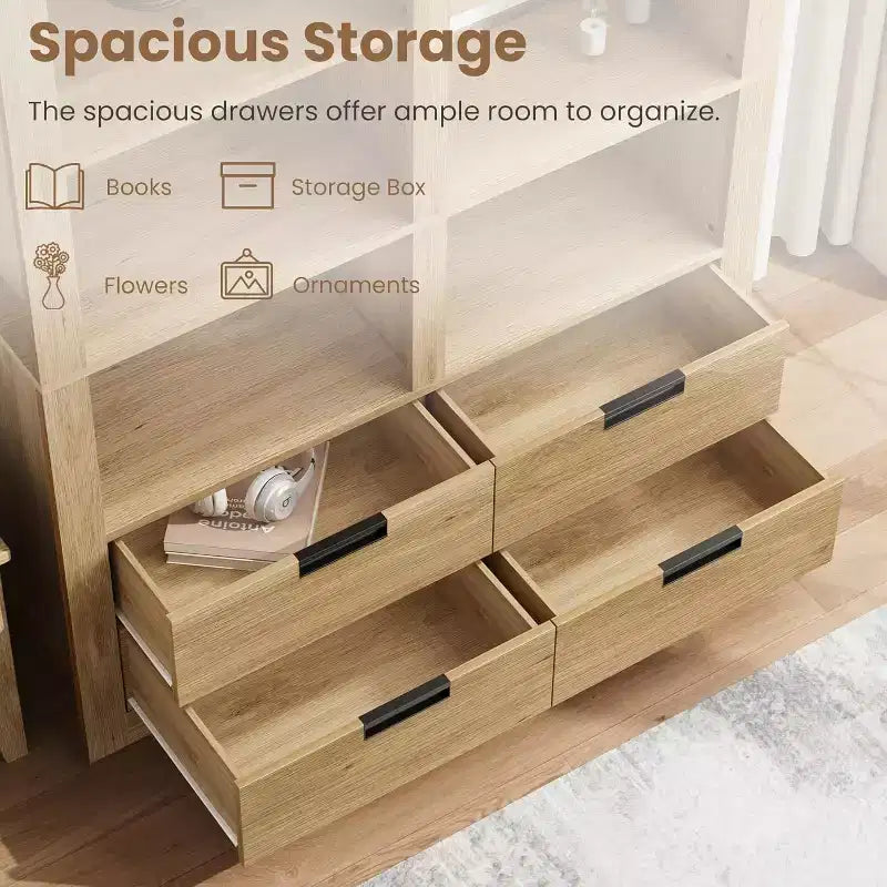 72 Tall Bookcase with 4 Drawers, Farmhouse Freestanding Storage Bookshelf for Bedroom, Living Room, Home Office