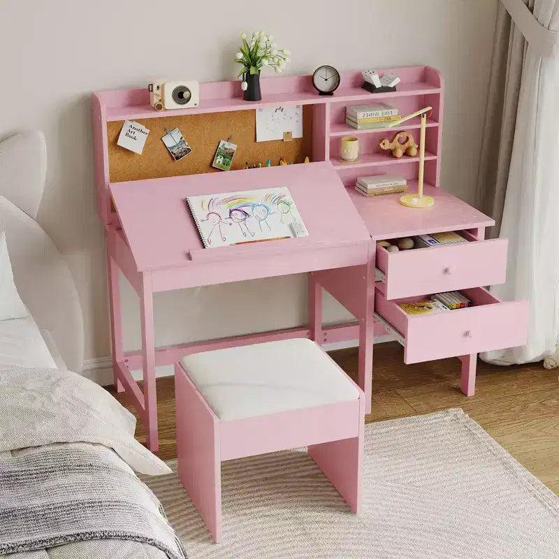 Kids Desk and Chair Set, Wooden Study Table with Adjustable Tilt Desktop, Drawers & Cork Board - Children School Learning Desk Set