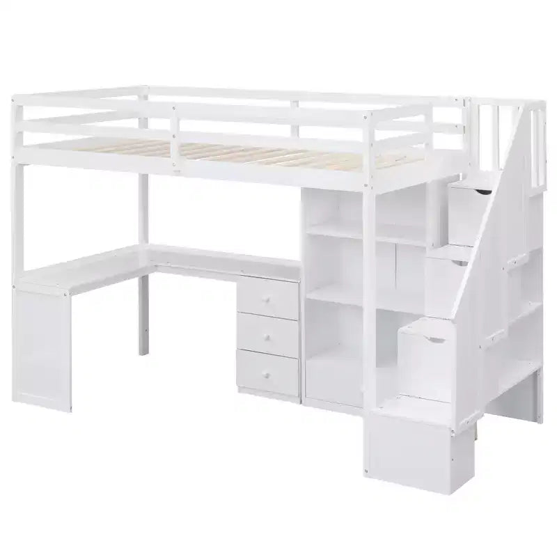 Twin Size Loft Bed with L-Shaped Desk, 3 Drawers, Cabinet, Staircase Storage, Solid Pine/MDF Build