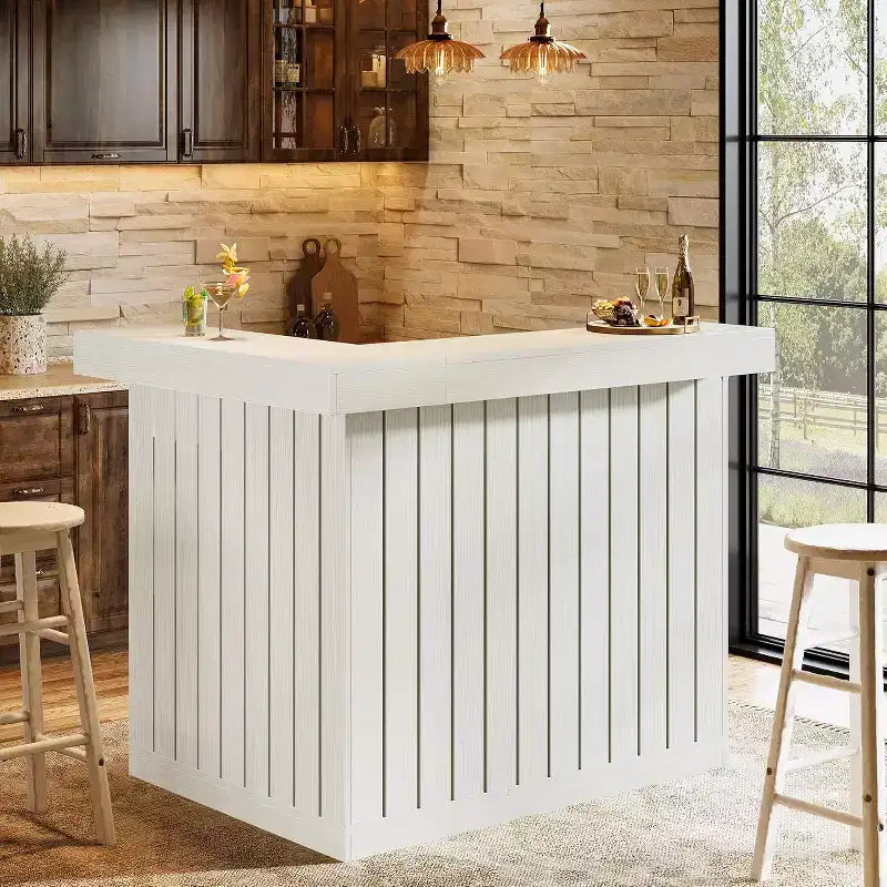 Lantine L-Shaped Home Bar Unit, 4-Tier Corner Liquor Bar Table with Storage Shelves and Wine Glasses Holder for Home Pub