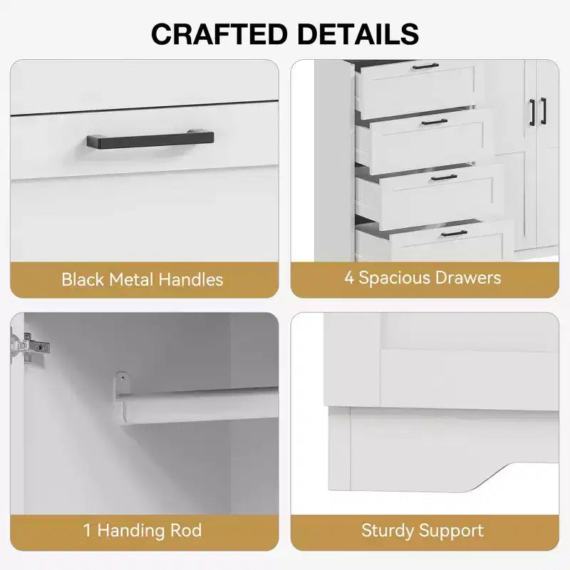 43.3 H Wood Armoire Wardrobe Closet with 4 Drawers & Hanging Rod, Multifunctional Bedroom Clothing Storage Cabinet Dresser