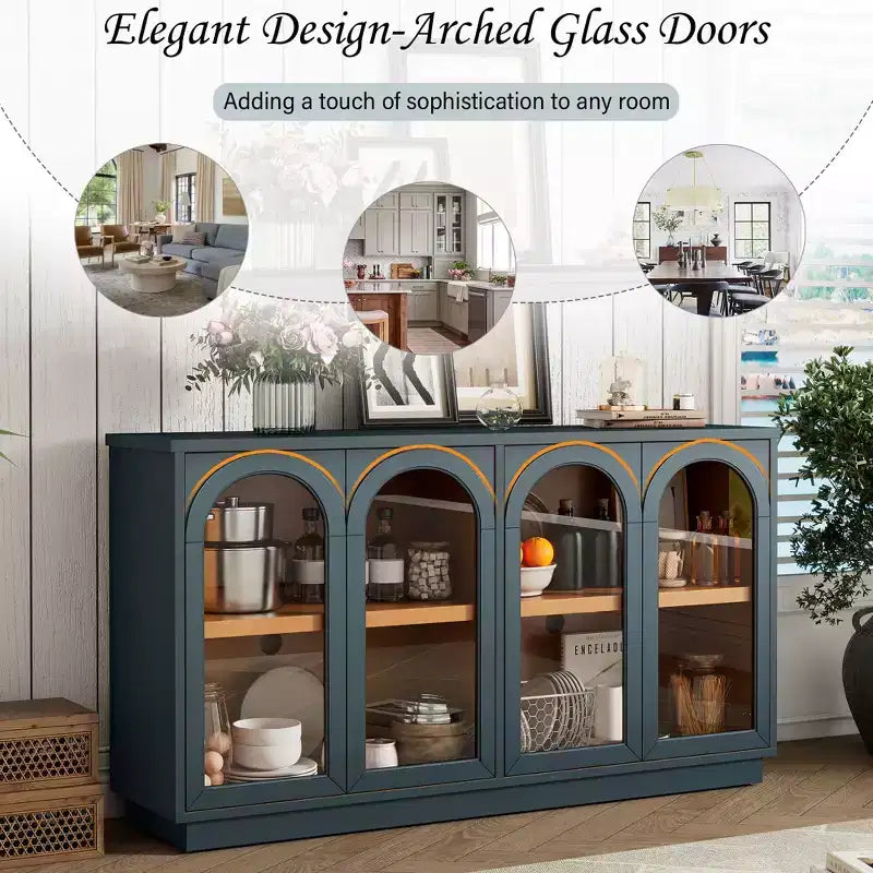 4-Door Large Storage Buffet Cabinet with Glass Doors, Arched Cabinet with Adjustable Shelves for Kitchen