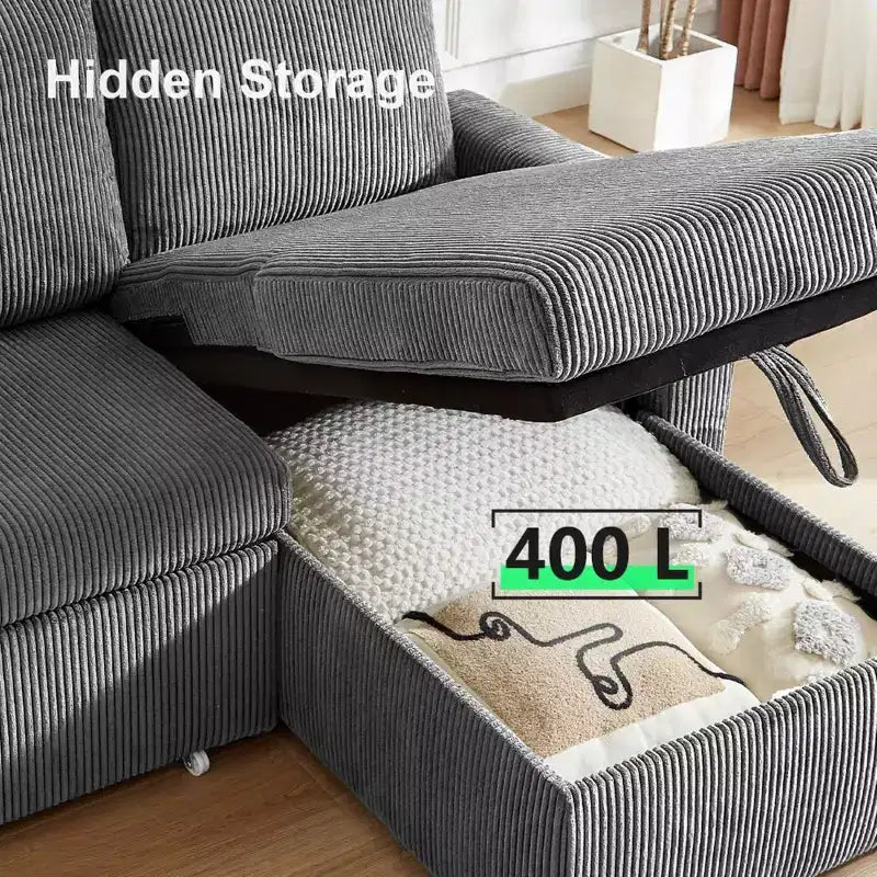 Dyonery 2 in 1 Pull Out Sleeper Sofa with Storage Chaise C Corduroy Sectional Couch with USB Ports for Living Room
