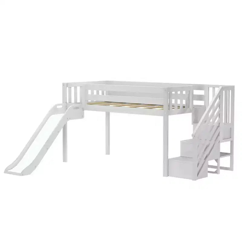 Kids Twin Low Loft Bed with Slide & Stairs, Solid Wood, 14 Guardrails, 400 lb Capacity
