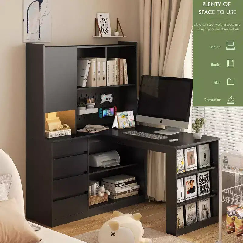 46-Inch L-Shaped Corner Desk with Bookshelf and Drawers