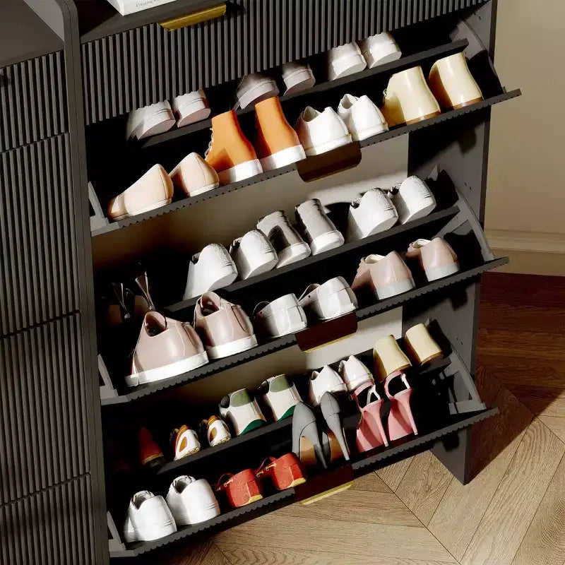 Modern White Shoe Cabinet with 3 Flip Drawers & 2 Small Drawers & Hook, Slim Fluted Shoe Storage Organizer, Narrow Entryway Cabinet