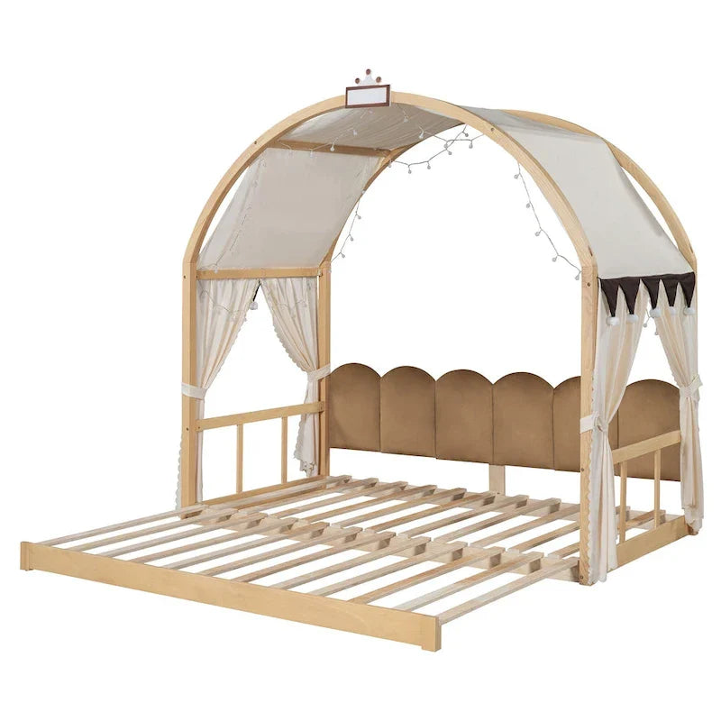 Solid Wood Playhouse Platform Bed Floor Montessori Bed Frame with Arched Roof and Trundle for Girls and Boys