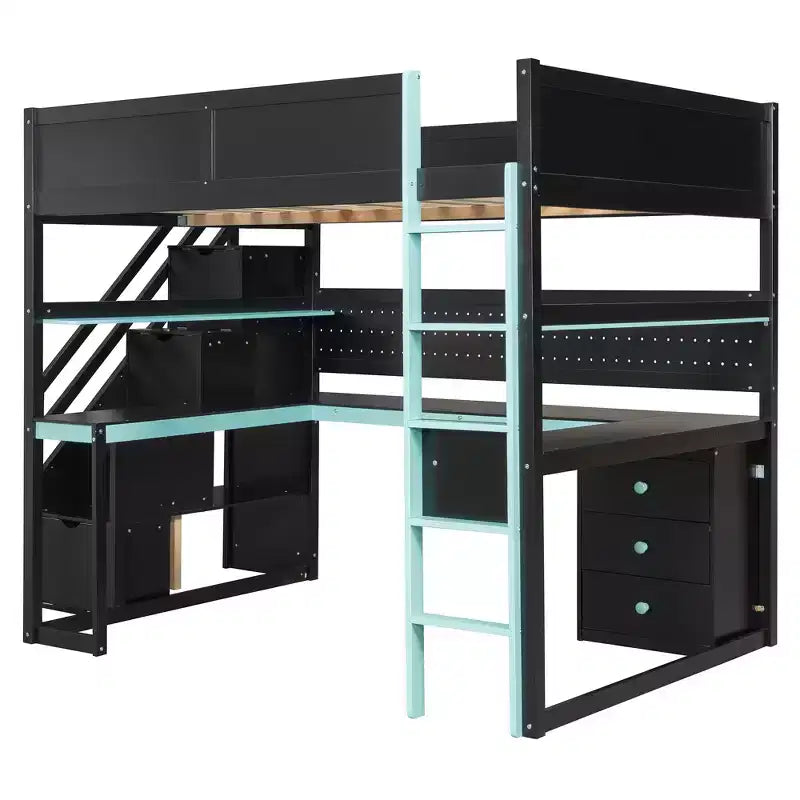 GDFStudio Scott Wooden Gaming Loft Bed with Storage Stairs, Desk, Shelves & Pegboard