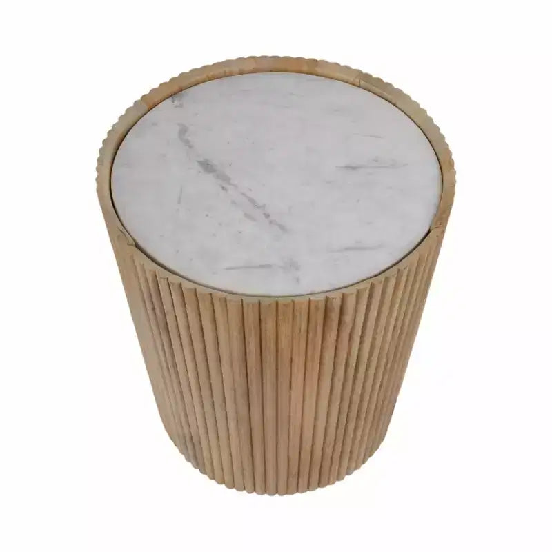 Decorative Ribbed Wooden Side Table with Marble Top and Storage - Small Home Decor Table Stand for Bedroom or Living Room Decor
