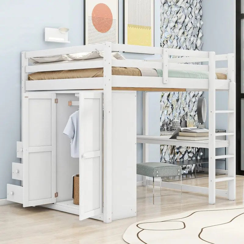 Lit mezzanine en bois pleine grandeur avec armoire intégrée, bureau, étagères de rangement et tiroirs