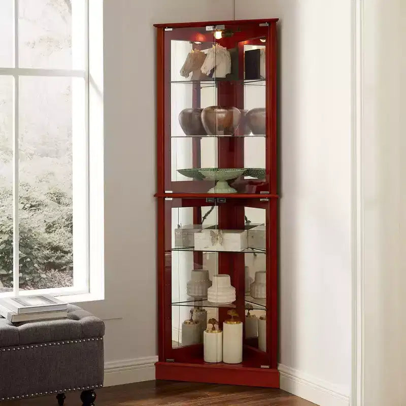 Vitrine d'angle, Merisier/Noyer, 4 portes vitrées