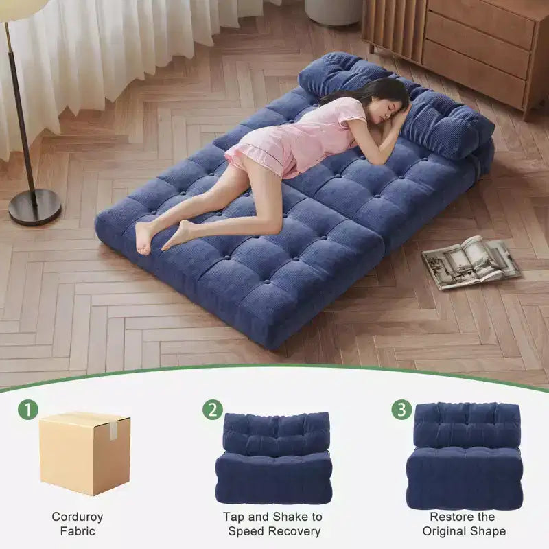 Canapé-lit futon pliant entièrement en velours côtelé, chaise de couchage convertible au sol avec oreiller et dossier