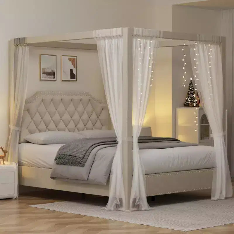 Queen Size Canopy Bed Frame with Poles 4 Corner Bed Bracket, Solid Wood Slats Support, No Box Spring Needed, Noise Free