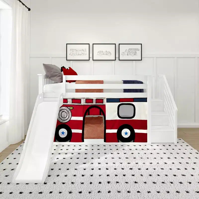 Low Twin over Twin Bunk With Stairs, Easy Slide & Firetruck Curtain