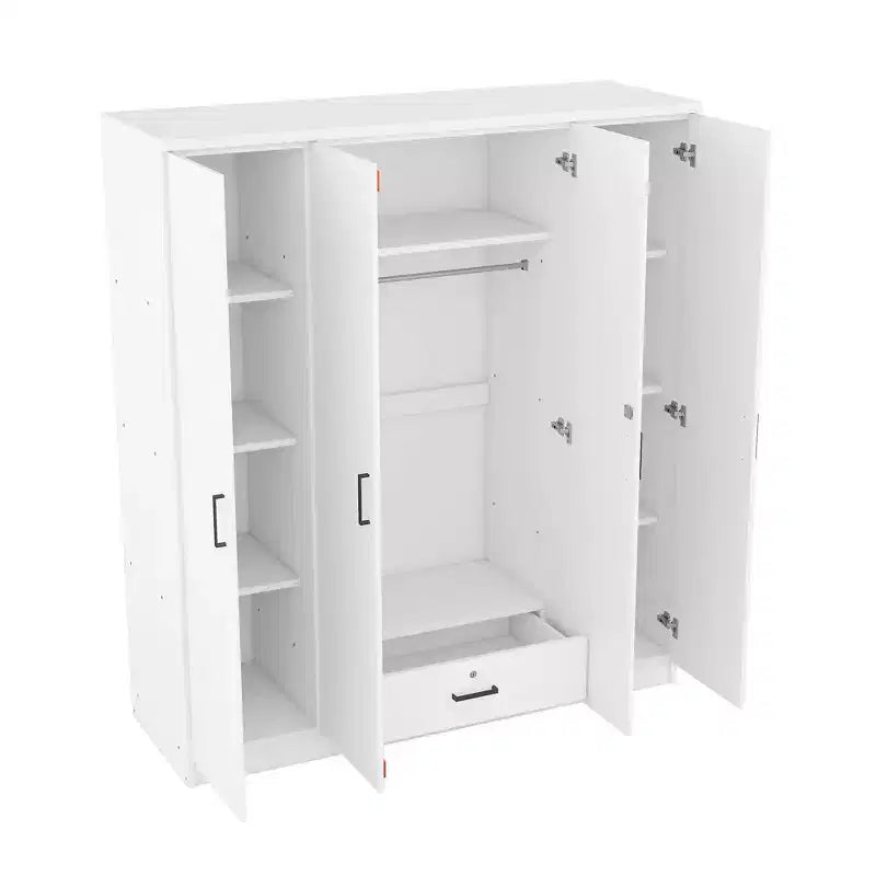 Wood 4-Door Wardrobe Armoire with Hanging Rod, 1-Drawer and Storage Shelves