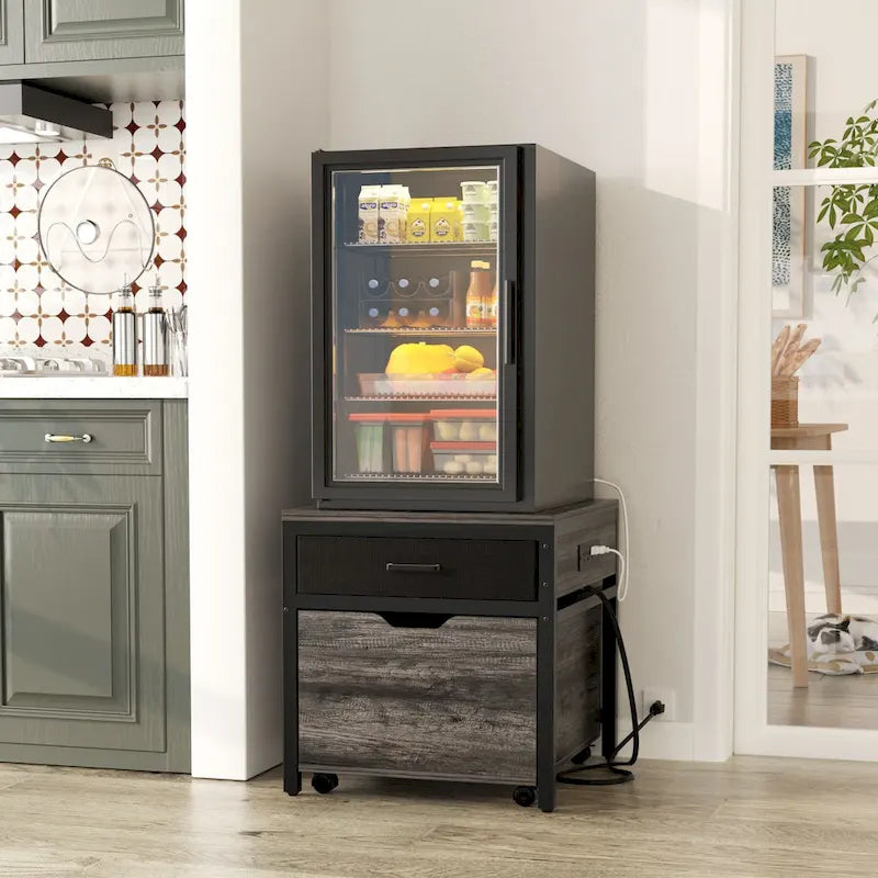 Mini Fridge Stand with Charge Station, Side/ End Table with Storage Drawers and Rolling Cabinet