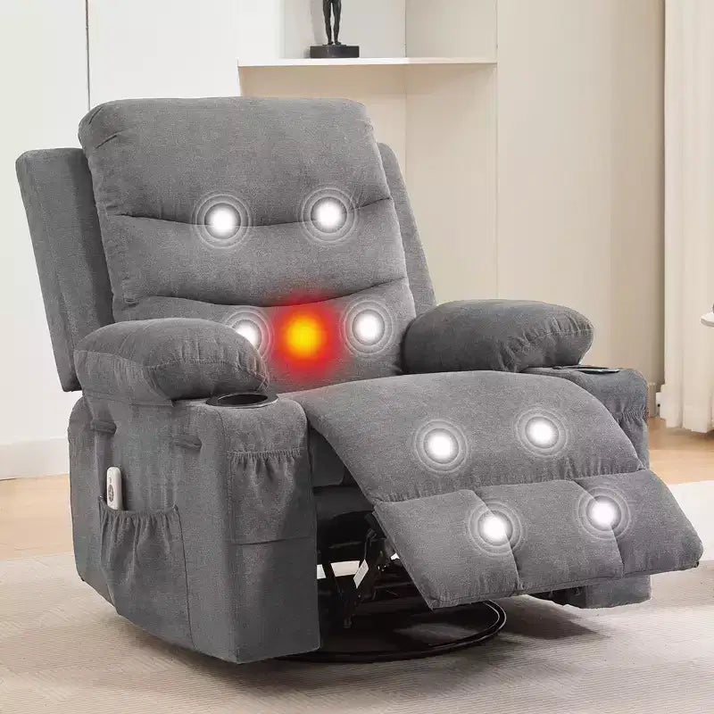 Swivel Rocker Recliner Chair with Massage & Heat, 360 Glider with Cup Holders & Side Pockets, Ergonomic Lounge Sofa for Living Room, RV, Nursery