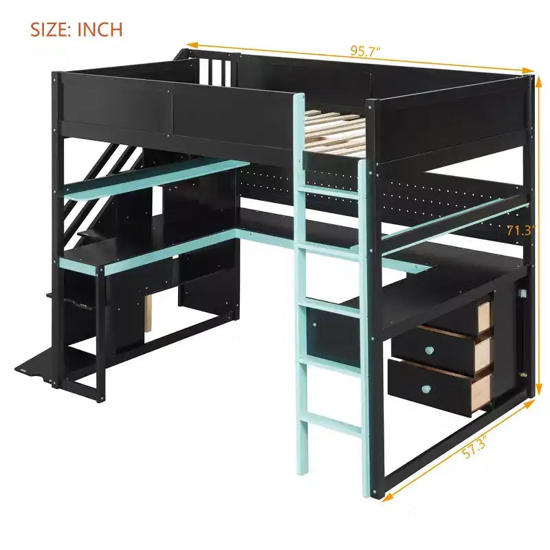 GDFStudio Scott Wooden Gaming Loft Bed with Storage Stairs, Desk, Shelves & Pegboard