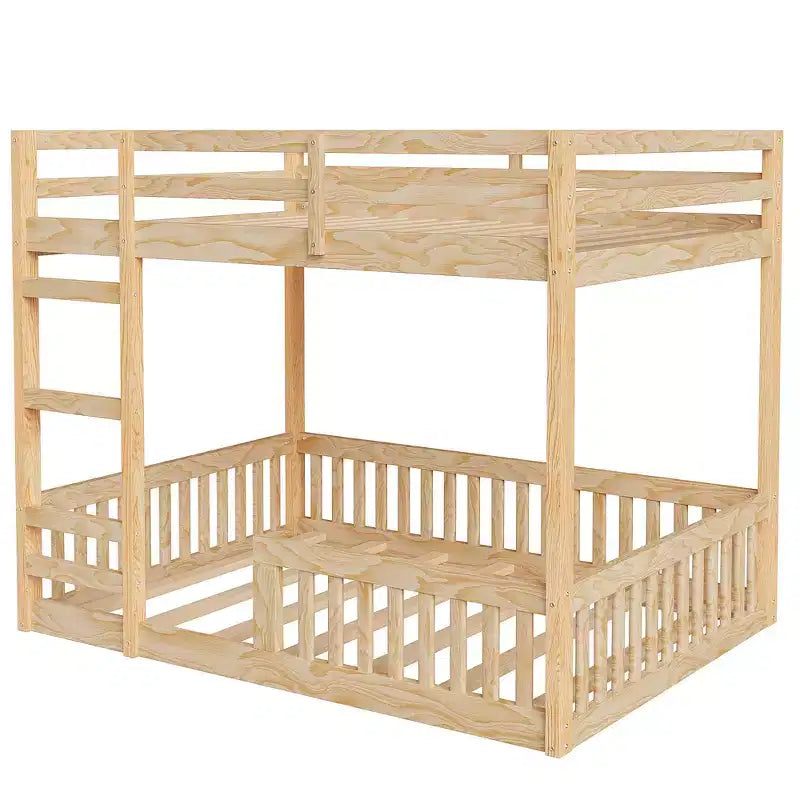 Full over Full Wooden Bunk Bed with Ladder and Guardrails, Low Floor Full Size Bunk Beds with Slats Support