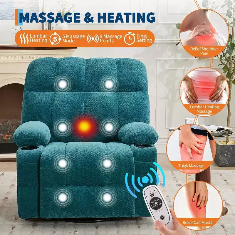 Oversized Recliner Chair for Adults, Manual Swivel Rocker Sofa, Side Pockets & Cup Holders for Big and Tall Persons, Living Room
