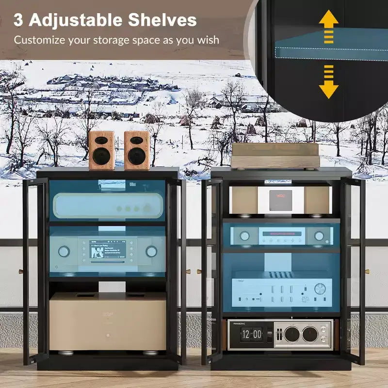 Bekrvio Metal Media Cabinet, 4-Tier Stereo Cabinet with Glass Doors & Adjustable Shelves, Audio AV Rack with Cable Management