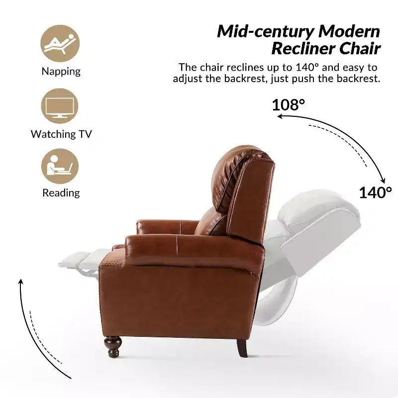 Set of 2 Elisabete Modern Wingback Genuine Leather Recliner with Vintage Nail Head Trim for Living Room and Bedroom| ART OF LIVING DESIGNS