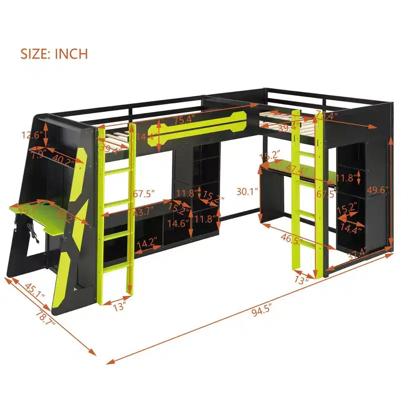 L-Shaped Gaming Loft Bed with Desks, Double Twin Loft Beds with LED Lights, USB Ports, Storage Bookshelves, Wood Corner Loft Bed for 2