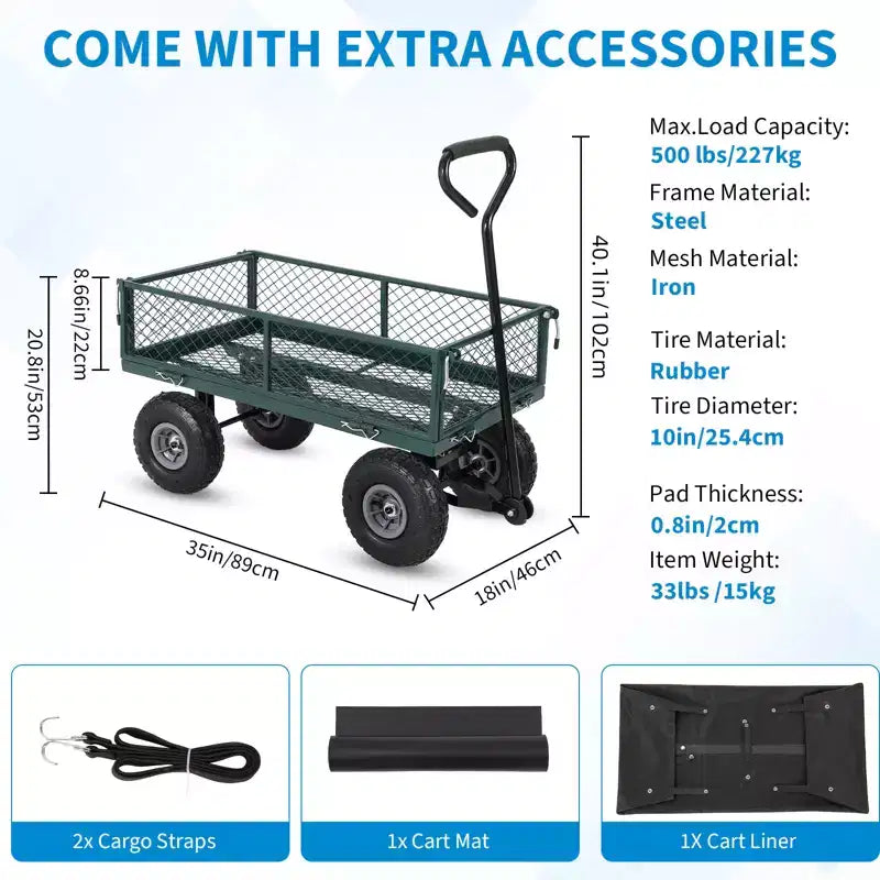 Heavy Duty Steel Garden Cart Wagon, 500 Lbs, Folding Utility Wagon with Removable Mesh Sides & Liner, 10 Pneumatic Tires, Pull Handle