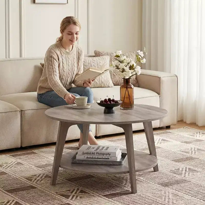 Honey Brown Round Coffee Table with 2 Tiers of Storage, Measuring 31.5 x 17.7 Inches, Ideal for the Living Room