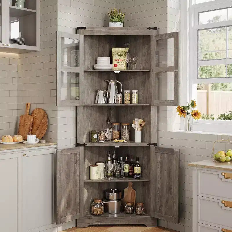 69 Tall Corner Cabinet, Farmhouse Corner Storage Cabinet, Space Saving Storage, Glass Door, Adjustable Shelves, for Living Room, Kitchen