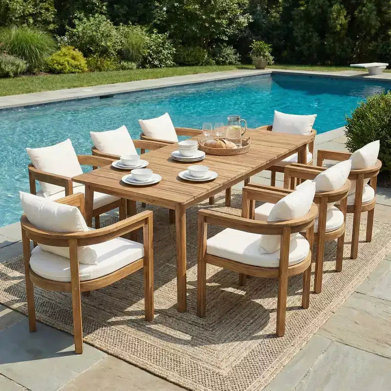 Christopher Knight Home Irene Rustic 9 Piece Outdoor Acacia Wood Dining Set with Curved Backrest Chairs and Cushions