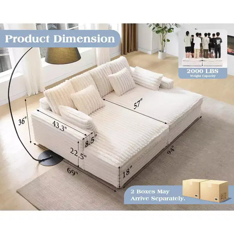AMERLIFE 93 Double Chaise Lounge Sofa for Two, Deep Seat Cloud Couch with Lumbar Pillows & Wide Armrests, Easy Assembly, Faux Fur