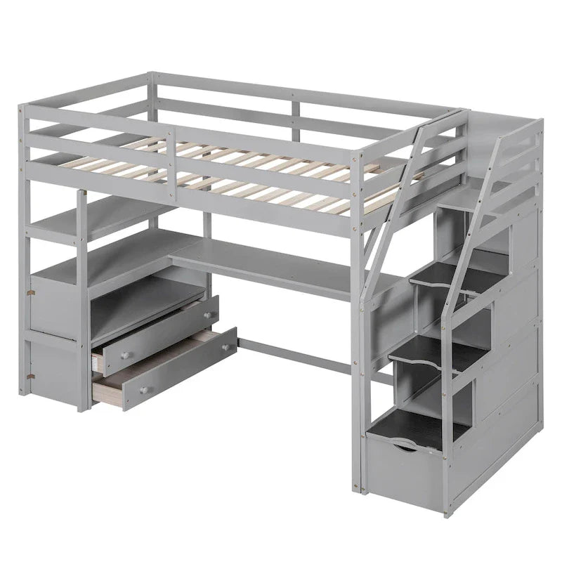 Twin Size Loft Bed with Desk and Shelves, Two Built-in Drawers, Storage Staircase