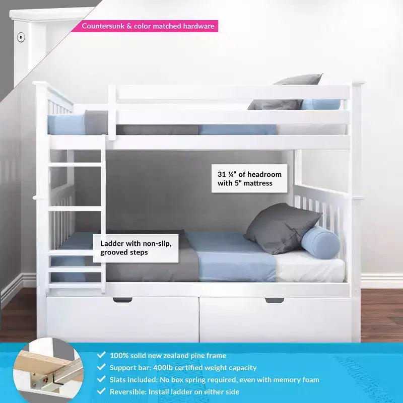 Solid Wood Twin over Twin Bunk Bed for Kids with Underbed Storage Drawers