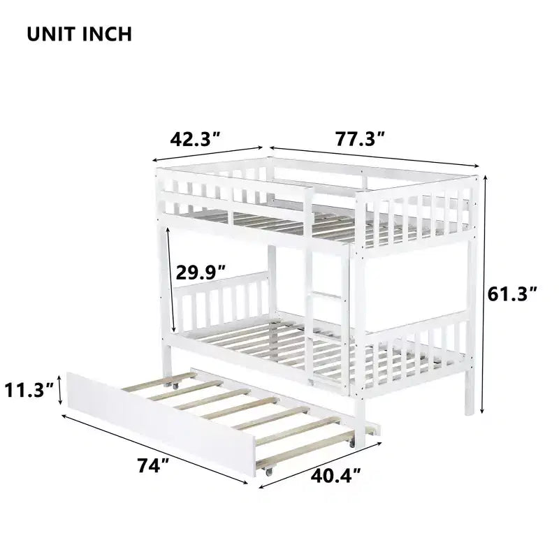 Twin Over Twin Modern Wood Bunk Bed with Trundle, Convertible into 2 Beds