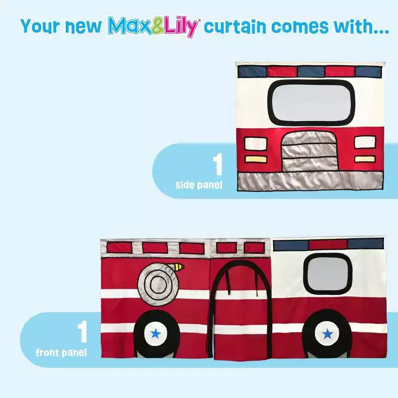 Low Twin over Twin Bunk With Stairs, Easy Slide & Firetruck Curtain